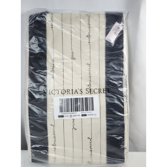 Victoria's Secret Handbags - NWT VICTORIA'S SECRET Cursive Script Black‎ Beige Canvas Tote Weekender Bag